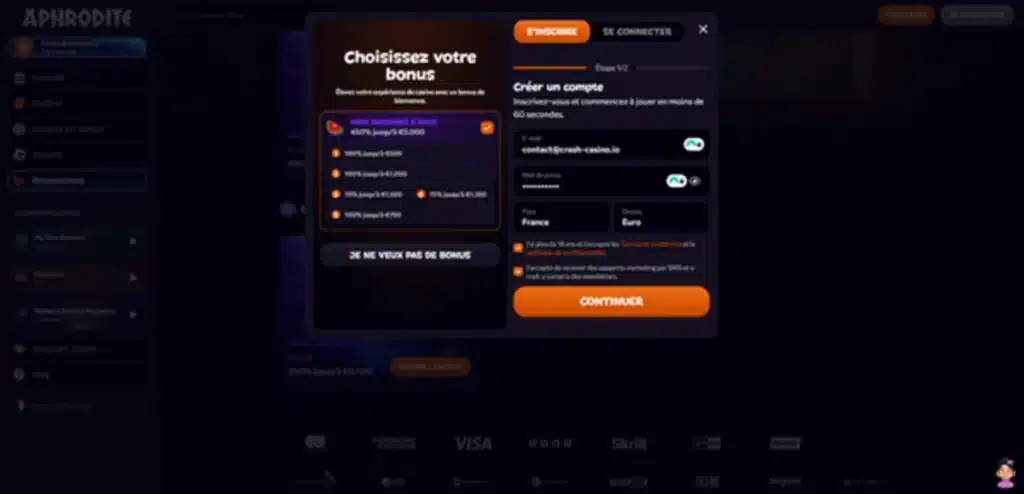 créer compte aphrodite casino