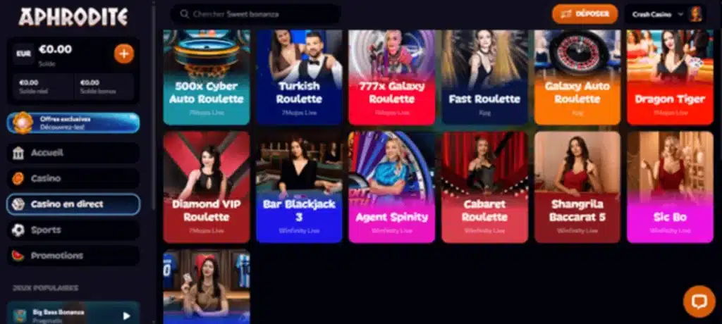 jeux en direct aphrodite casino