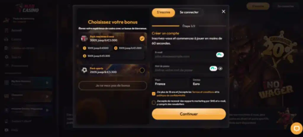 première étape inscription madcasino