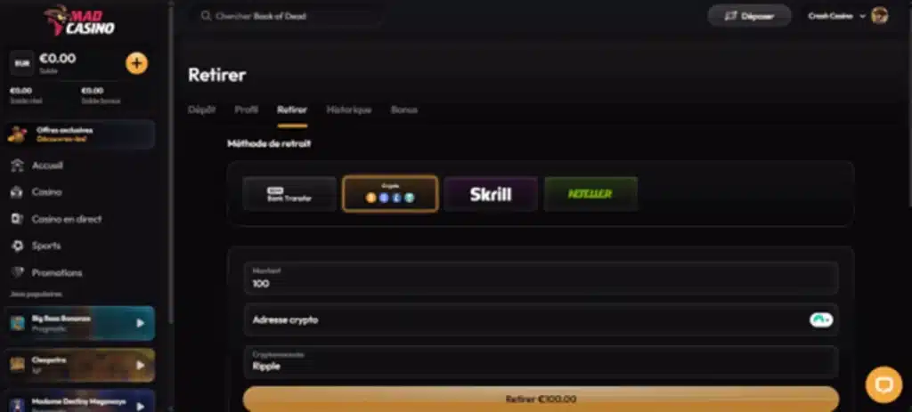 retrait sur madcasino