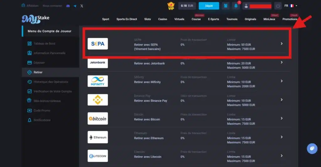 retrait casino par virement