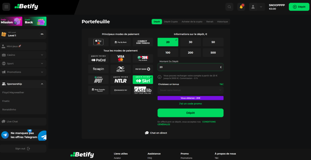 dépot skrill betify