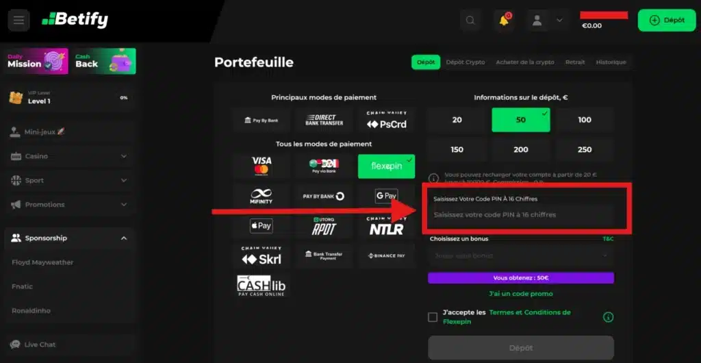dépôt flexepin betify